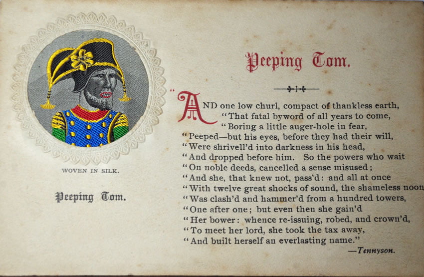 Stevengraph "Peeping Tom" Unused Postcard sc368 Gothic Script Title (unrecorded)