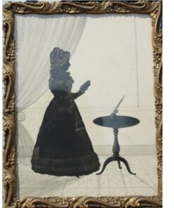 Silhouette, Lady facing Right with Book and Table